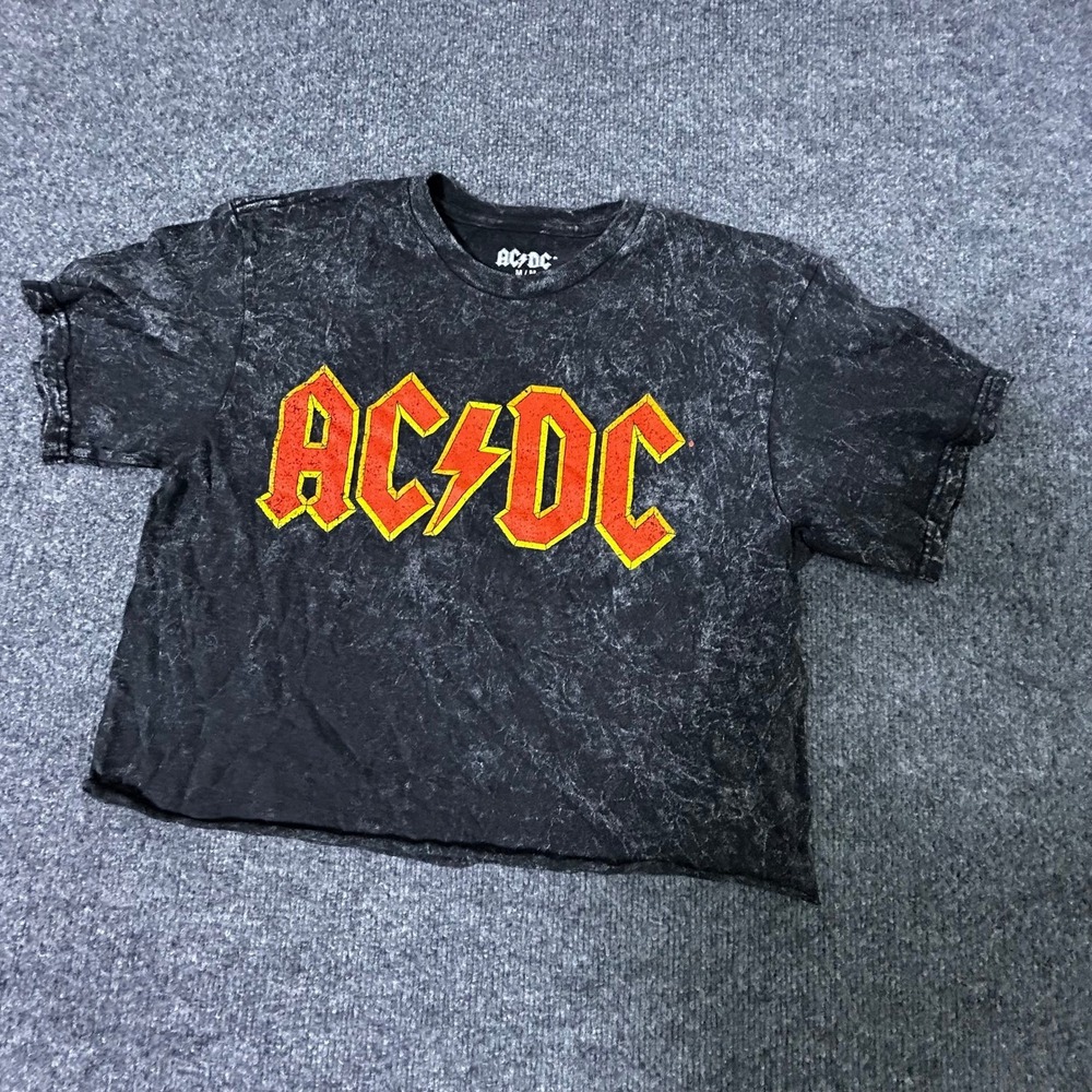 AC/DC T-Shirt Womens Size M Black Acid Wash Cropped Graphic Band Tee Rock Logo